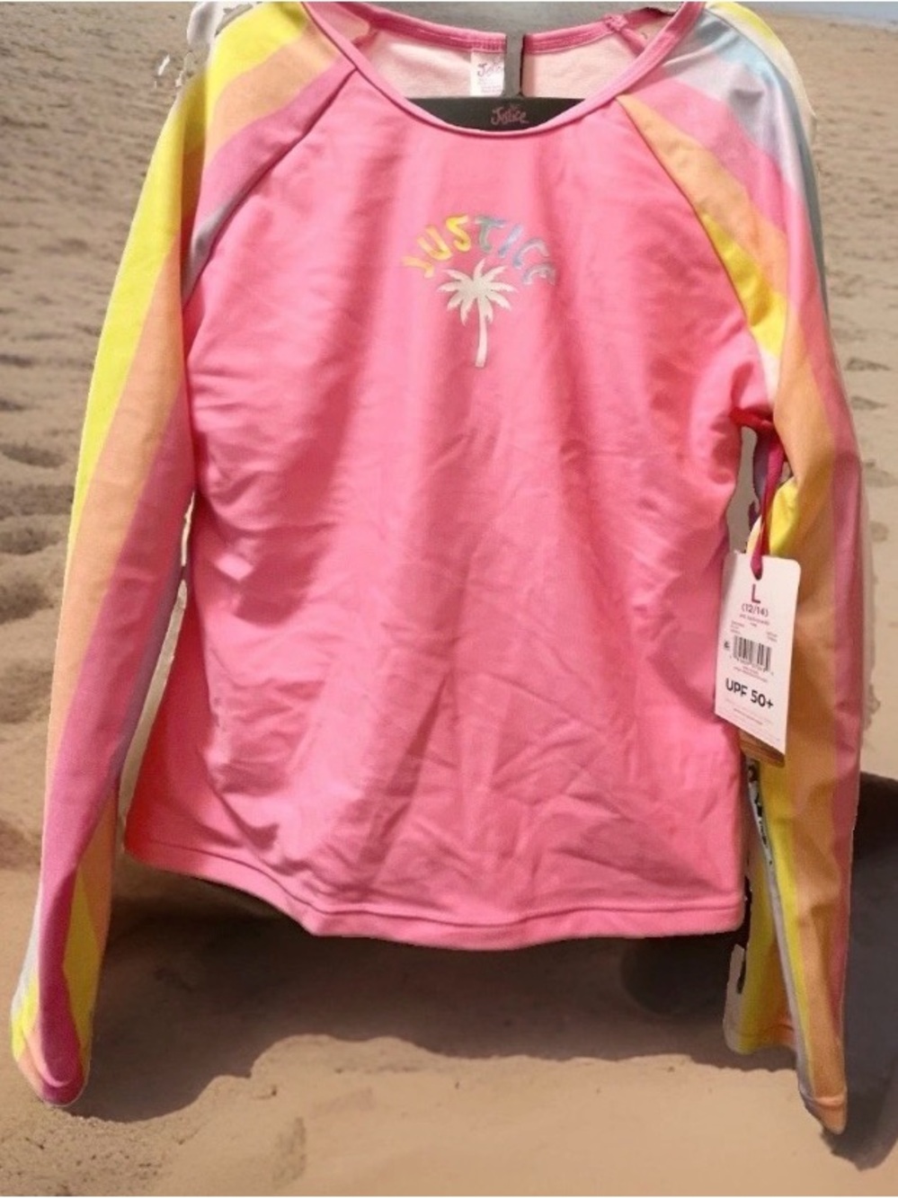 Justice Pink Bathing Suit Striped Swimsuit Rashguard Long Sleeve Girl's Sz L 👙